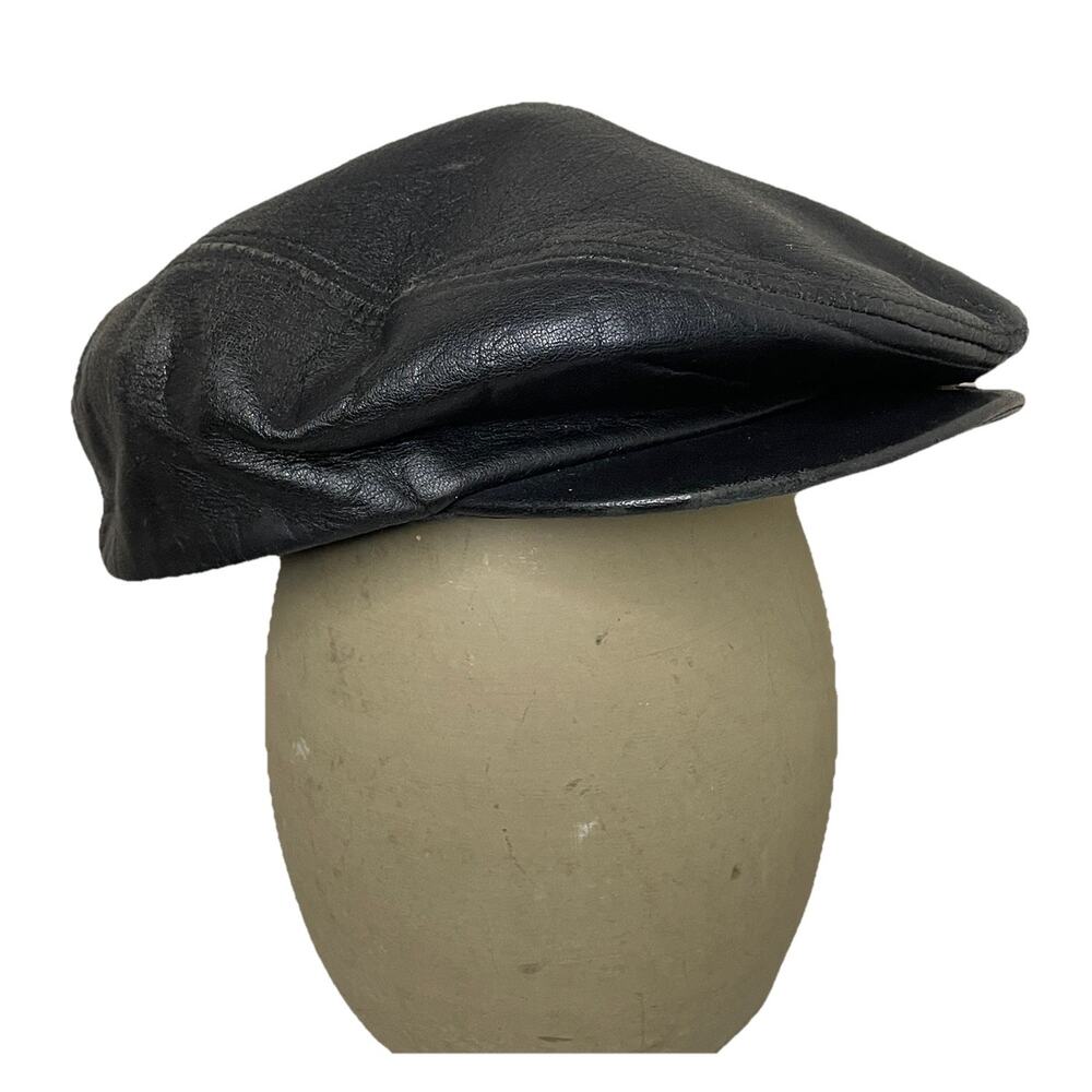 VTG MCM Capas Black ItalianLeather Flat Cap ~ Newsboy Driver Rocker Men M/L - 8”